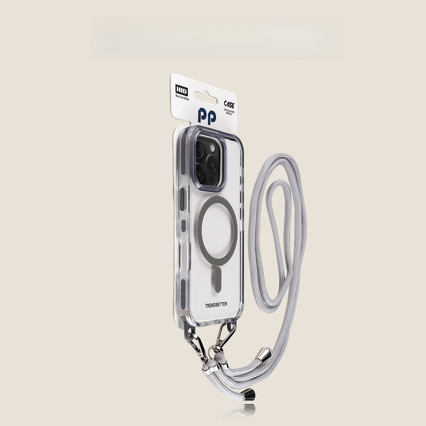Gray clear iPhone case with MagSafe ring and matching lanyard strap, shown on phone