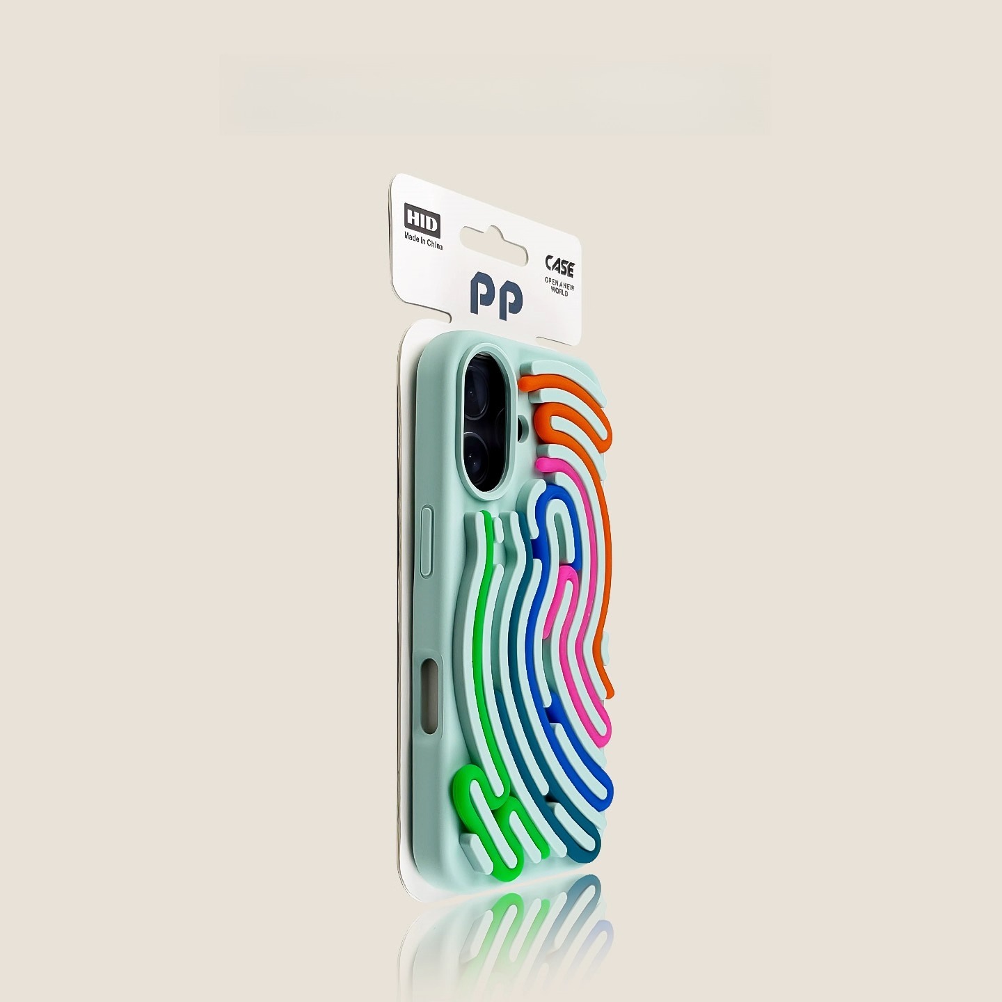 Black iPhone case close-up, neon rainbow wave pattern, protective phone cover