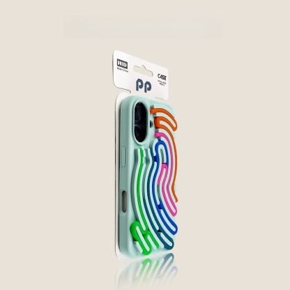 Black iPhone case close-up, neon rainbow wave pattern, protective phone cover