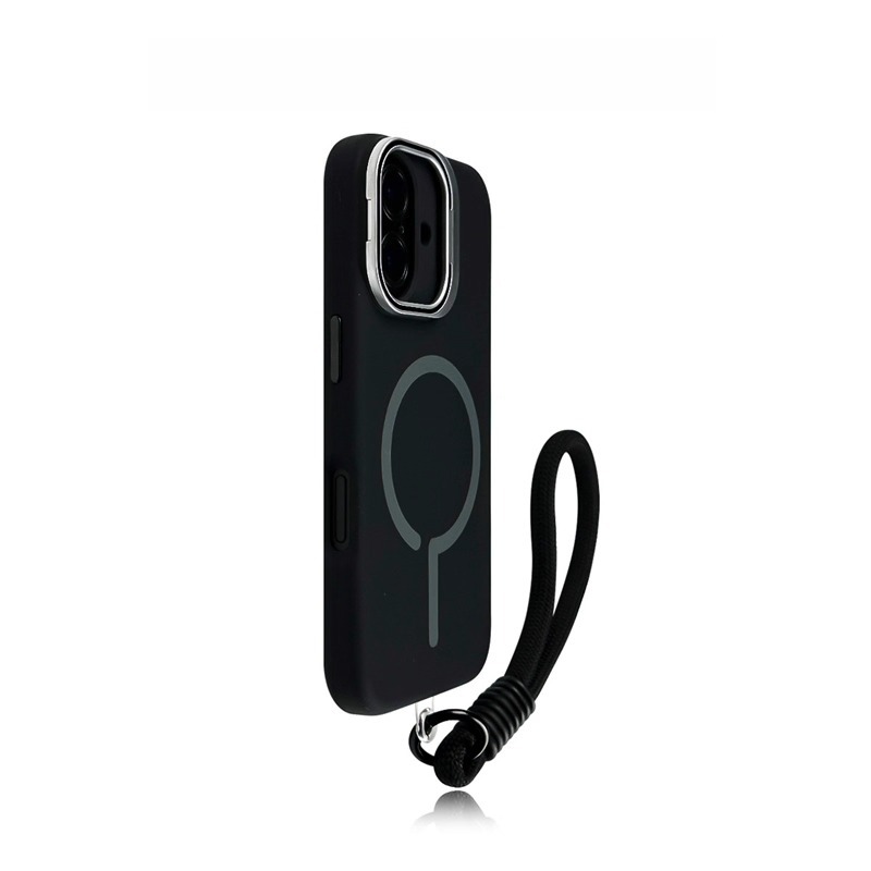 Black MagSafe iPhone case with strap loop, minimalist shock-absorbing phone cover