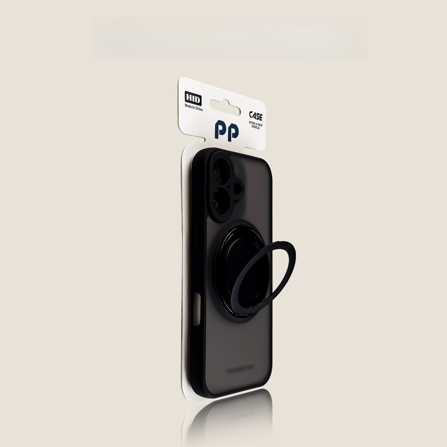 Black MagSafe-compatible iPhone case with magnetic ring grip, protective phone cover