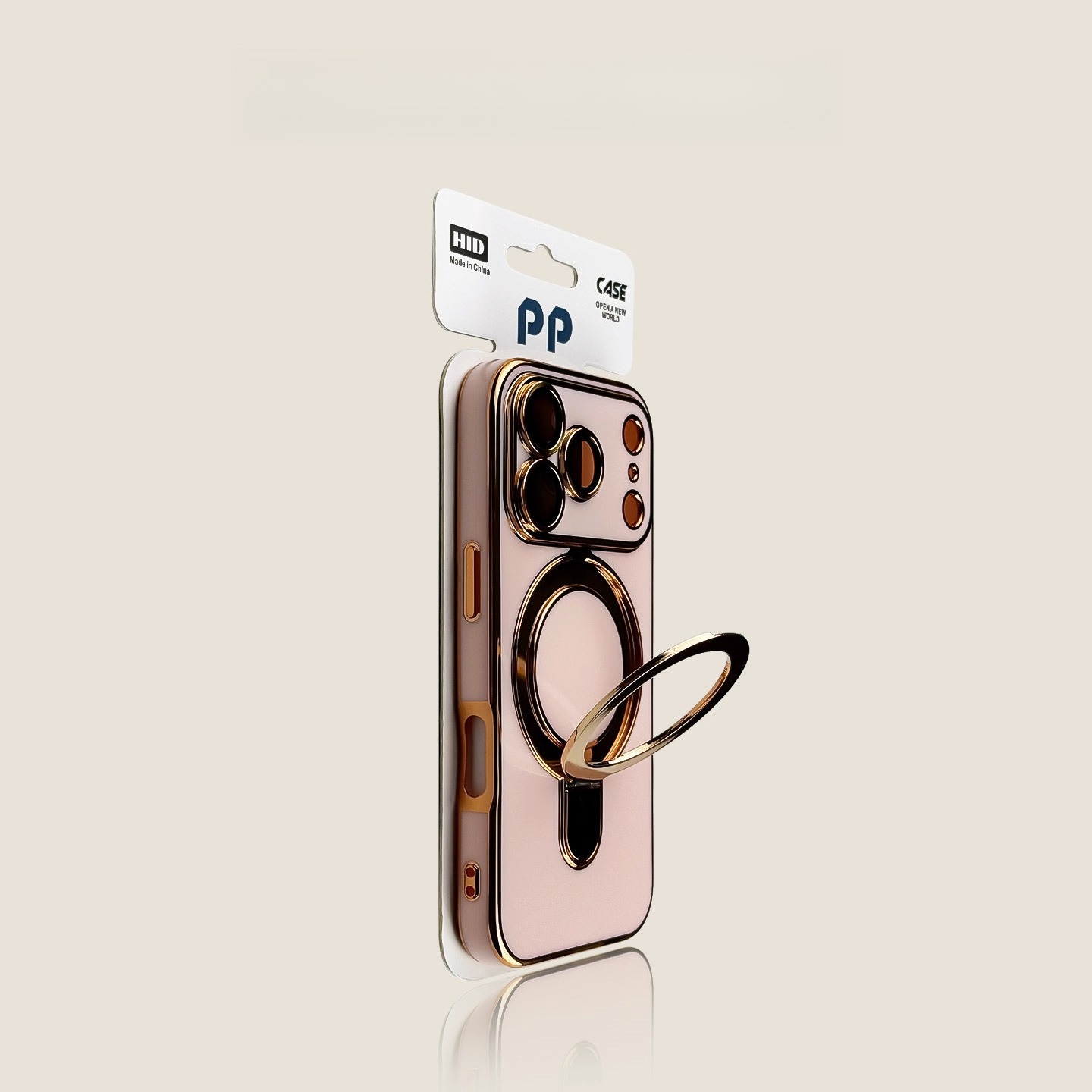 Pink MagSafe-compatible iPhone case with magnetic ring and detachable wrist strap, slim protective cover
