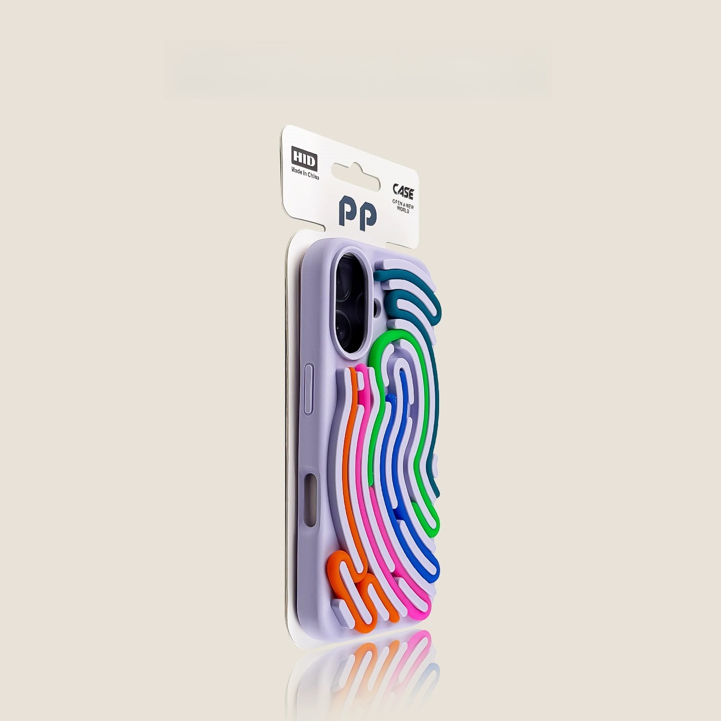 Lavender iPhone case with colorful rainbow wave design, slim protective case
