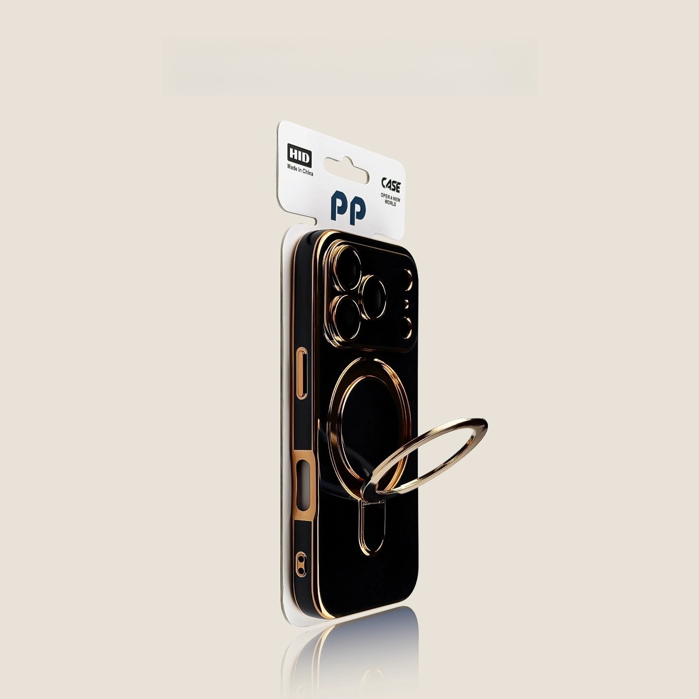 Black MagSafe-compatible iPhone case with magnetic ring and detachable wrist strap, slim protective cover