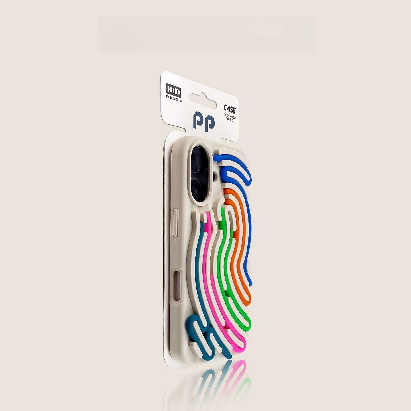 White iPhone case with neon rainbow wave pattern, slim protective phone cover