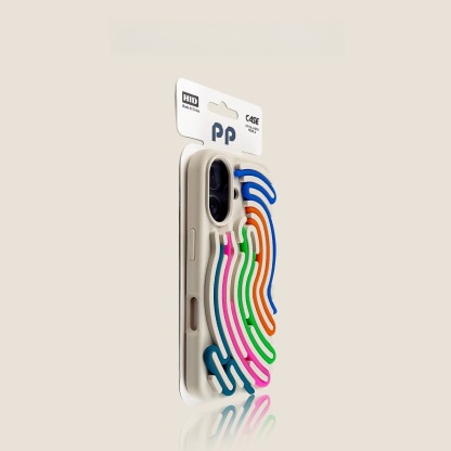 White iPhone case with neon rainbow wave pattern, slim protective phone cover