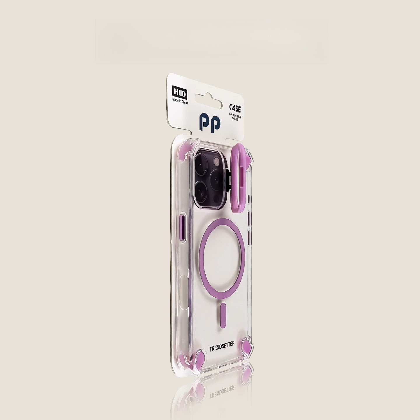 Clear iPhone case with MagSafe-compatible magnetic ring, purple accent, angled view