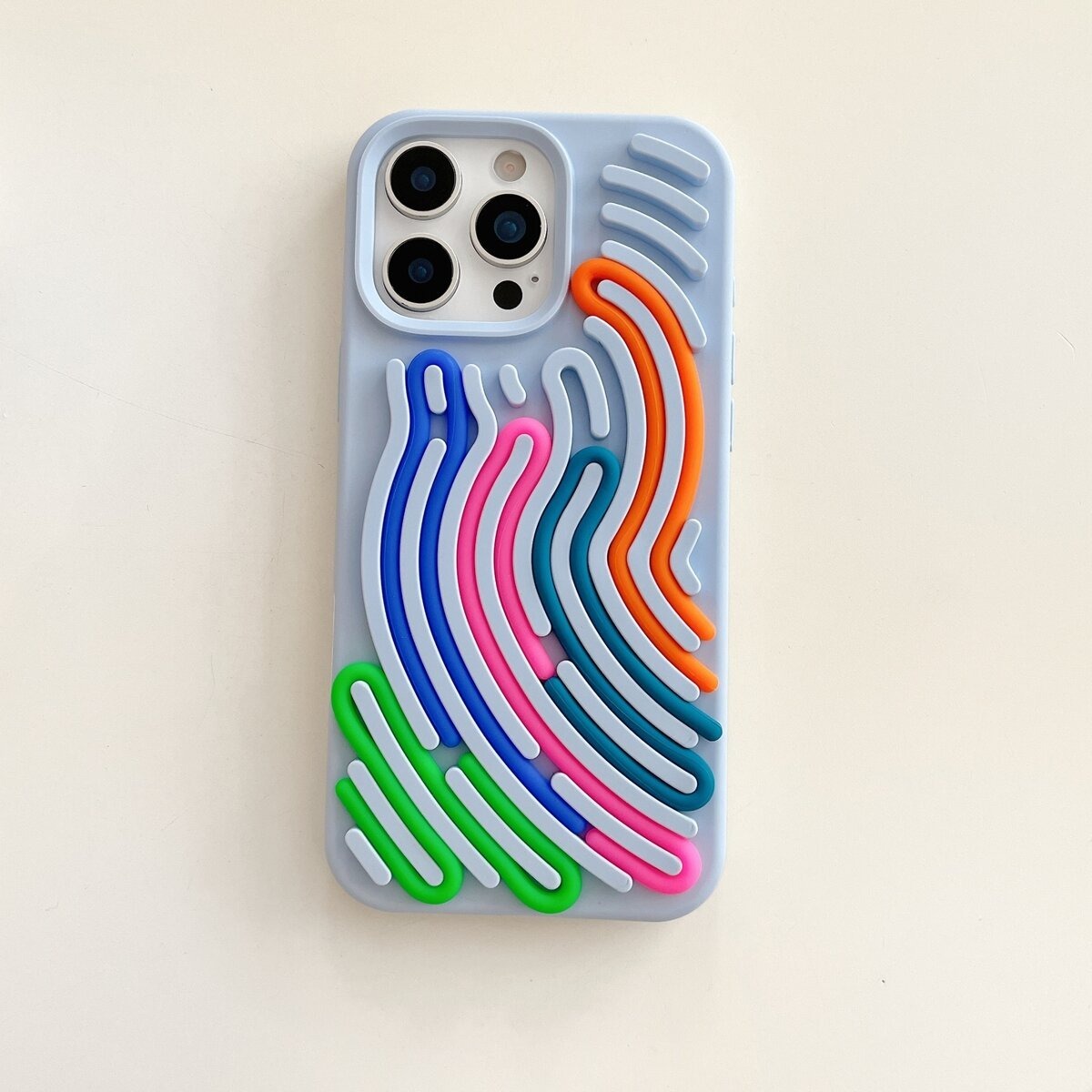 White iPhone case close-up, neon rainbow wave lines, slim protective phone case