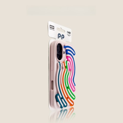 Gray iPhone case with neon rainbow wave lines, minimalist protective iPhone cover