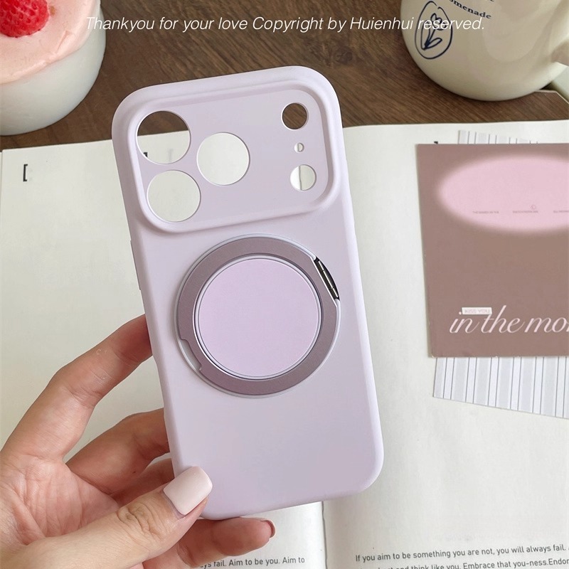 Lavender MagSafe magnetic ring iPhone case shown in hand, matte protective cover