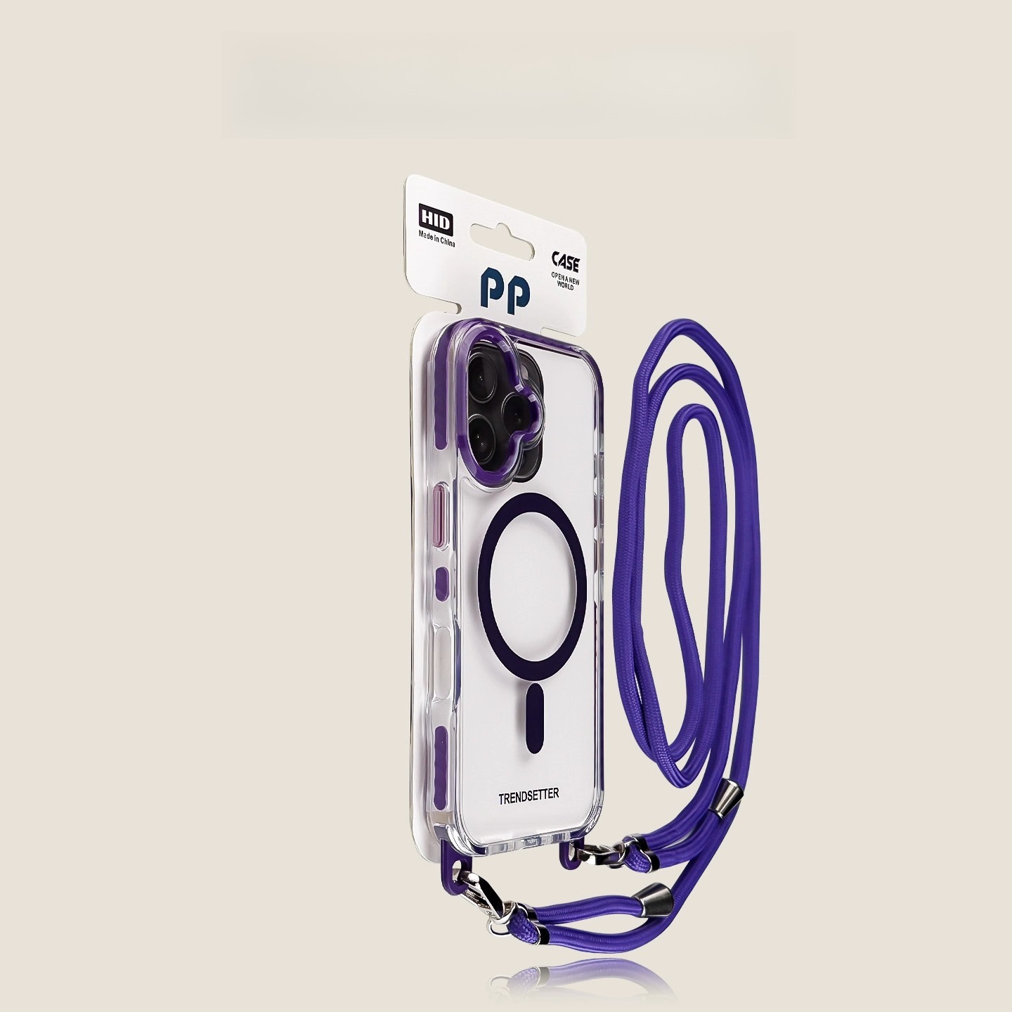 Purple clear iPhone case with MagSafe ring and matching lanyard strap, shown on phone