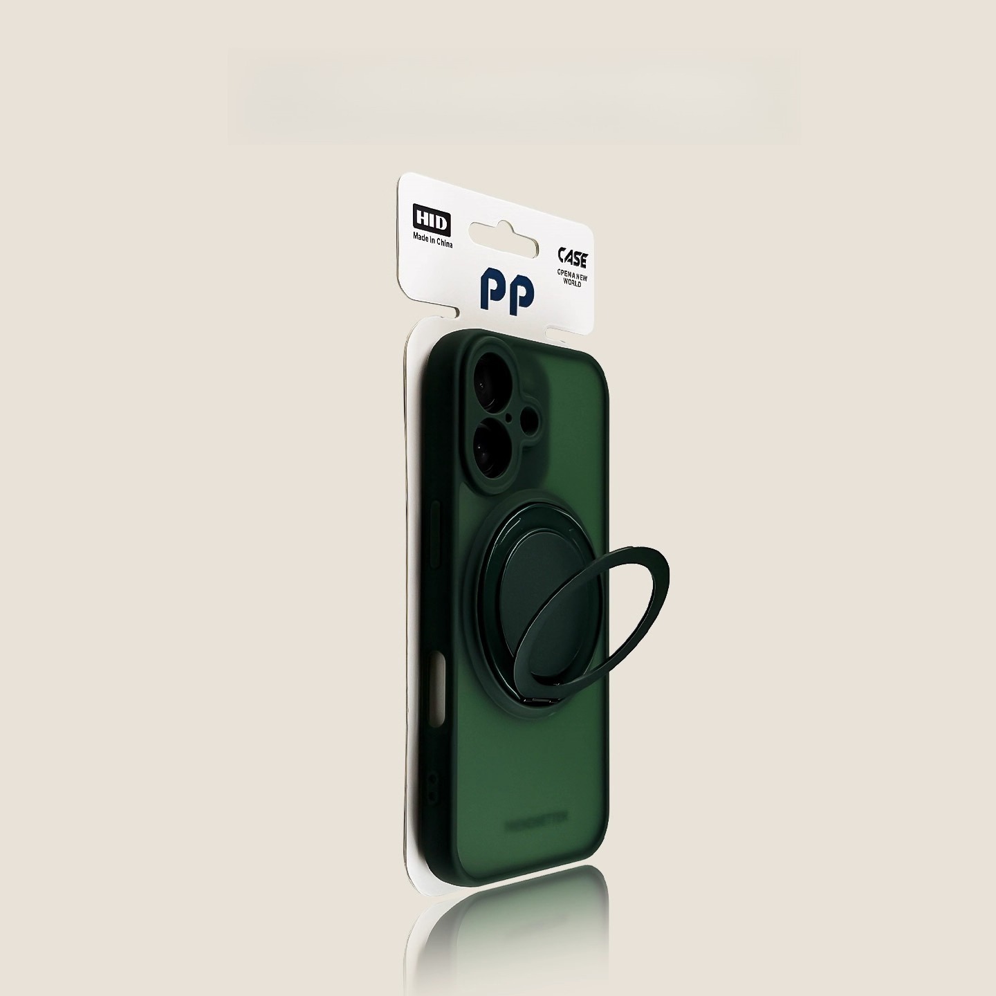 Green MagSafe-compatible iPhone case with magnetic ring grip, slim protective phone cover