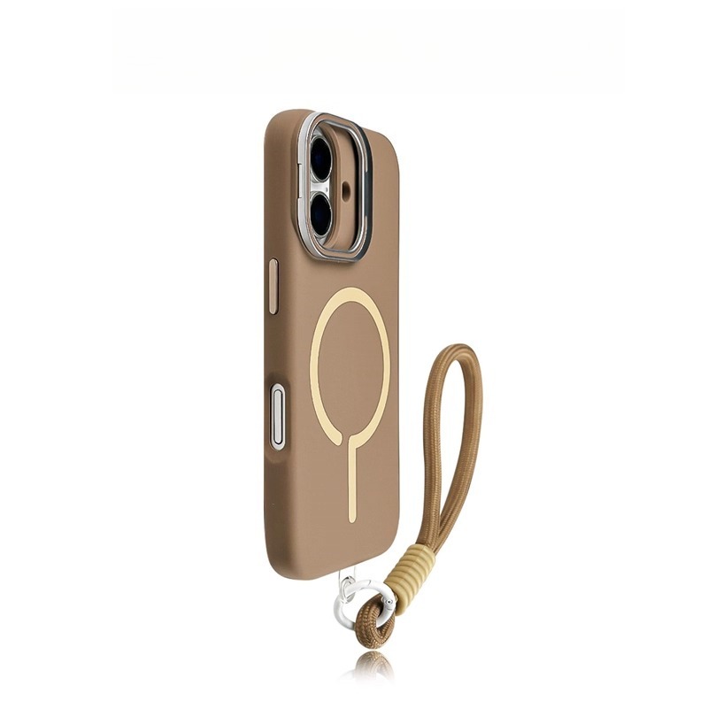 Khaki MagSafe-compatible iPhone case with lanyard loop, matte protective phone cover