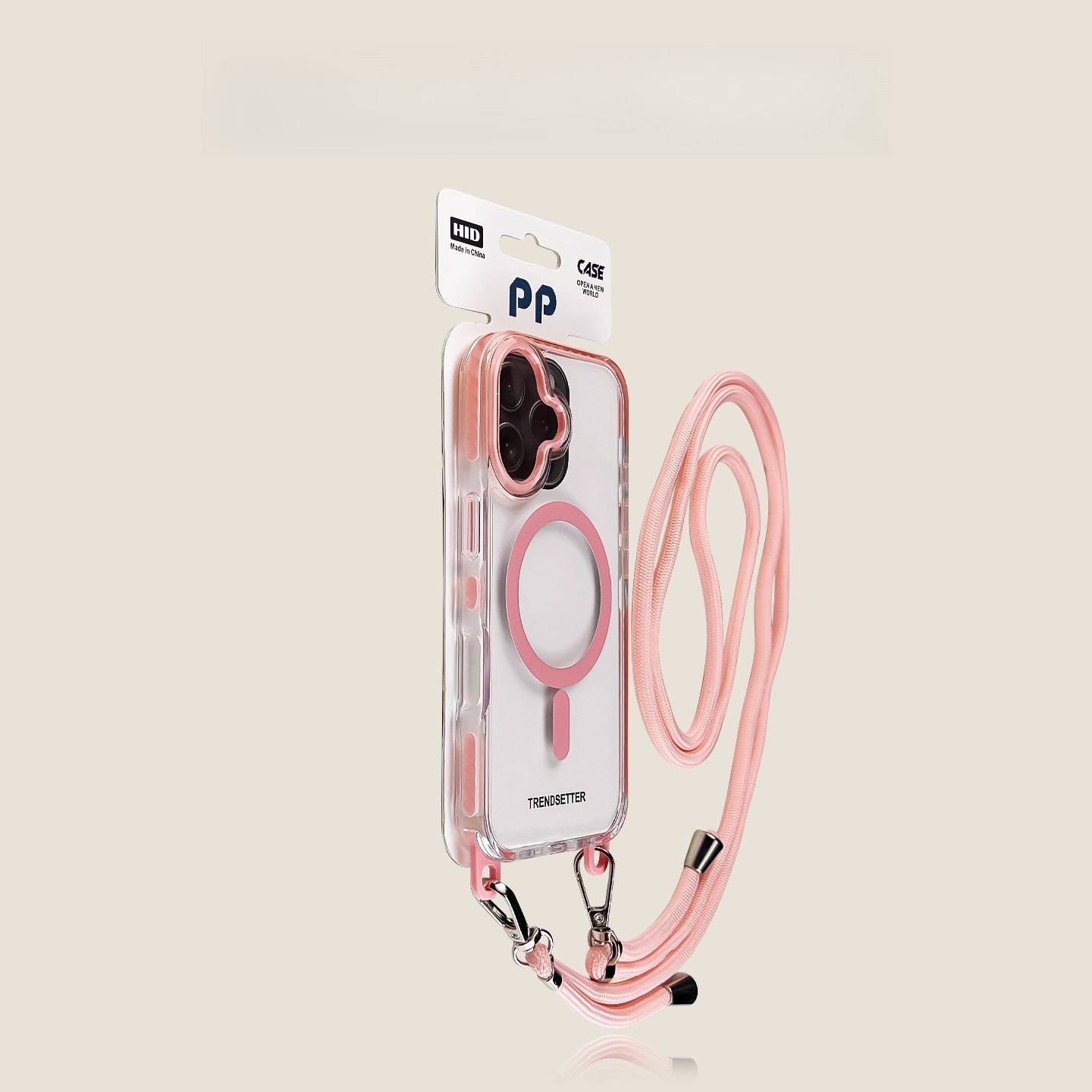Pink clear iPhone case with MagSafe ring and matching lanyard strap, shown on phone