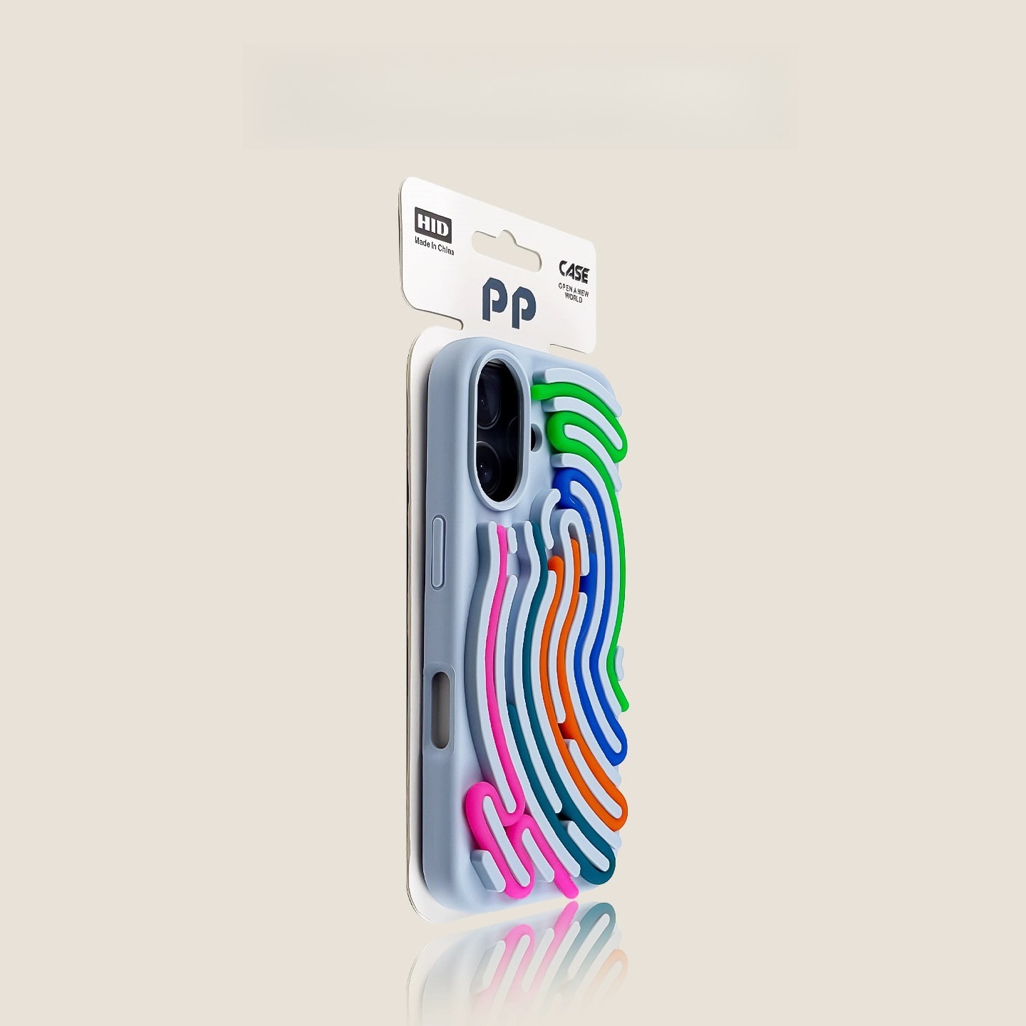 Blue iPhone case with neon rainbow wave pattern,everyday protective phone case