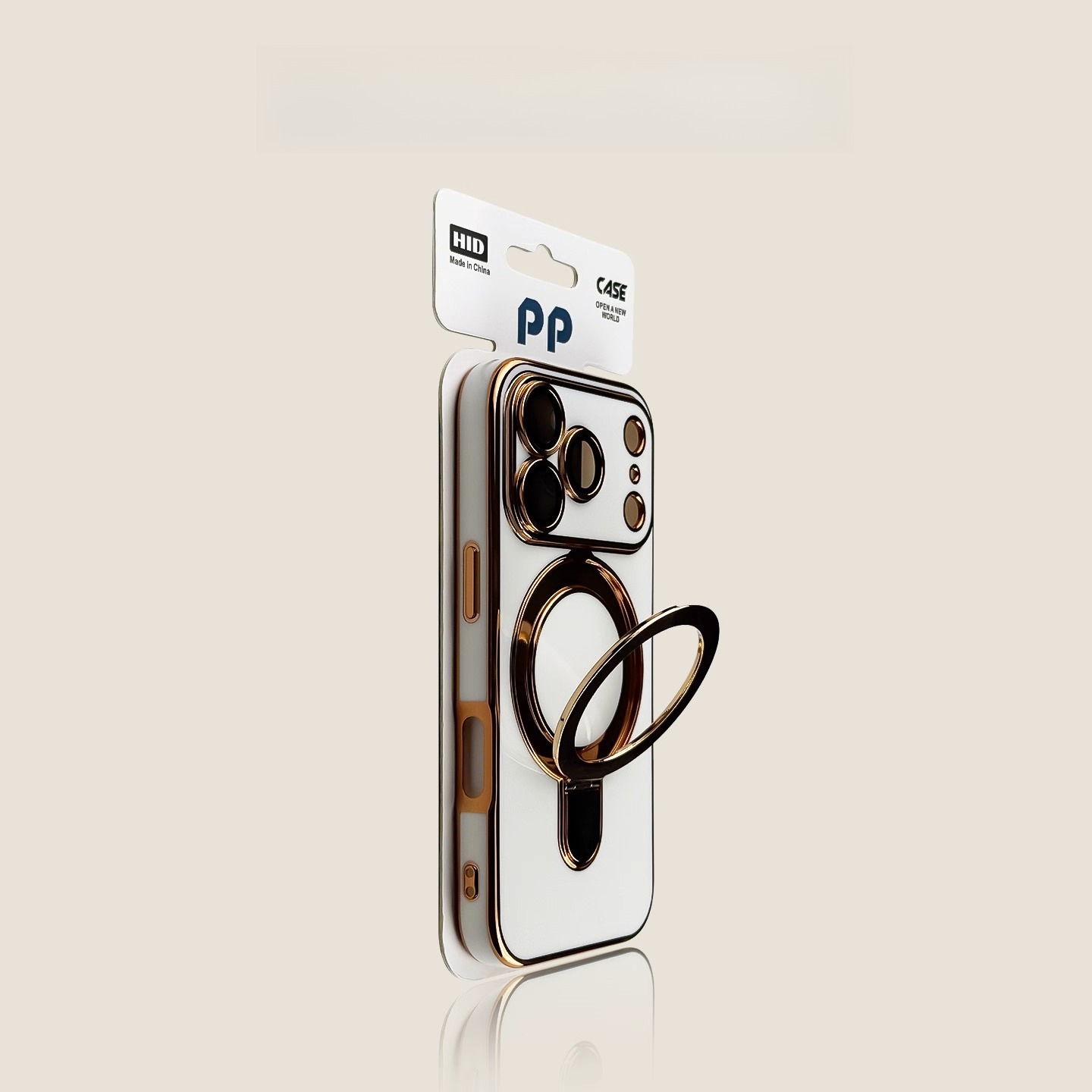 White MagSafe-compatible iPhone case with magnetic ring and detachable wrist strap, slim protective cover
