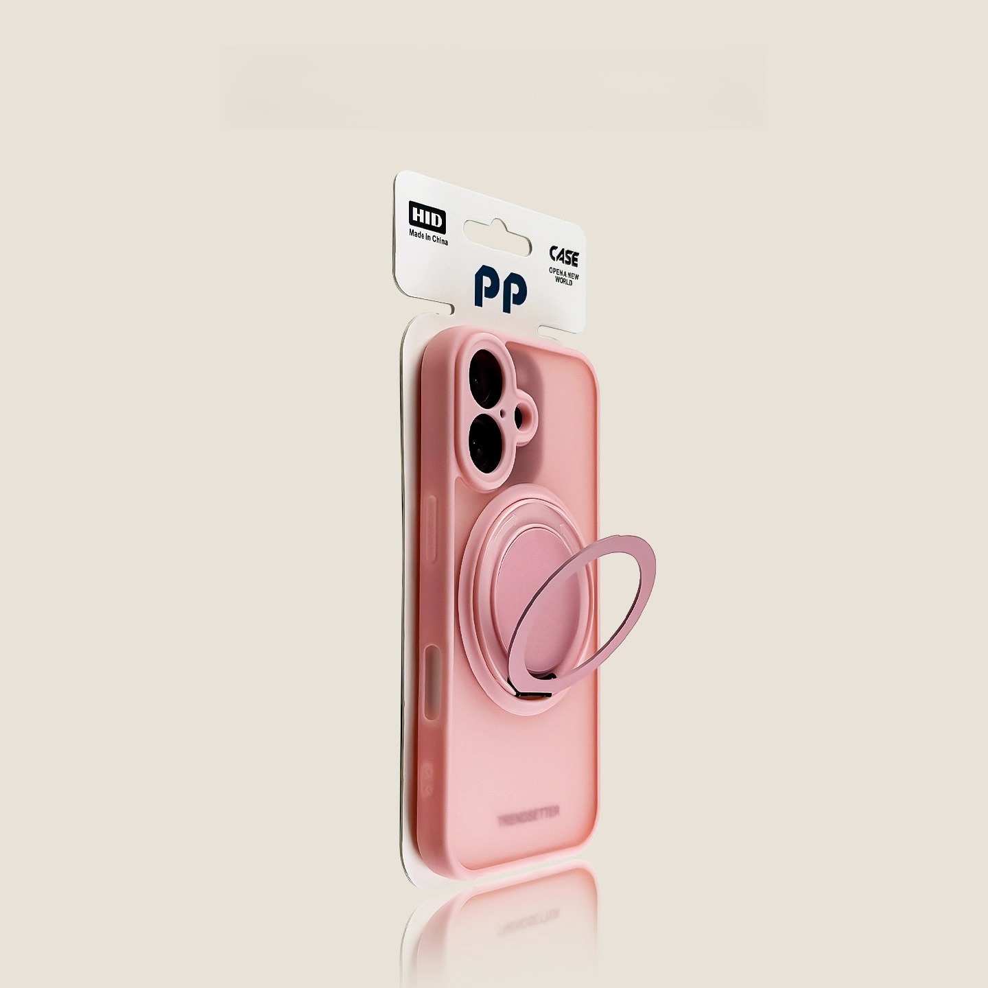 Pink MagSafe-compatible iPhone case with magnetic ring grip, slim protective phone case