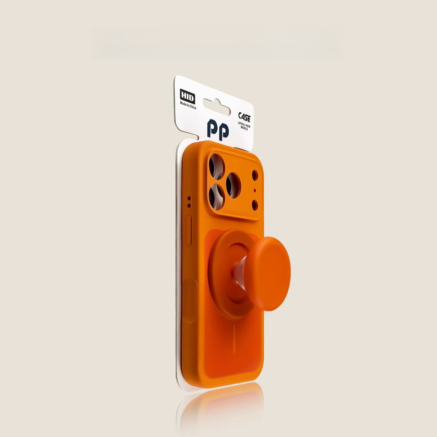 Orange MagSafe iPhone case with magnetic grip stand, matte finish, shockproof protection