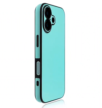 Cyan slim iPhone case with contrast bumper, clean solid-color everyday protective cover