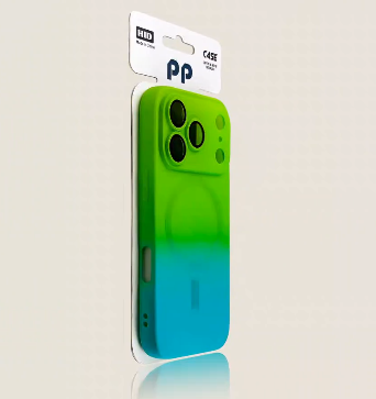 Green and blue gradient iPhone case with MagSafe ring, colorful protective cover with clean design