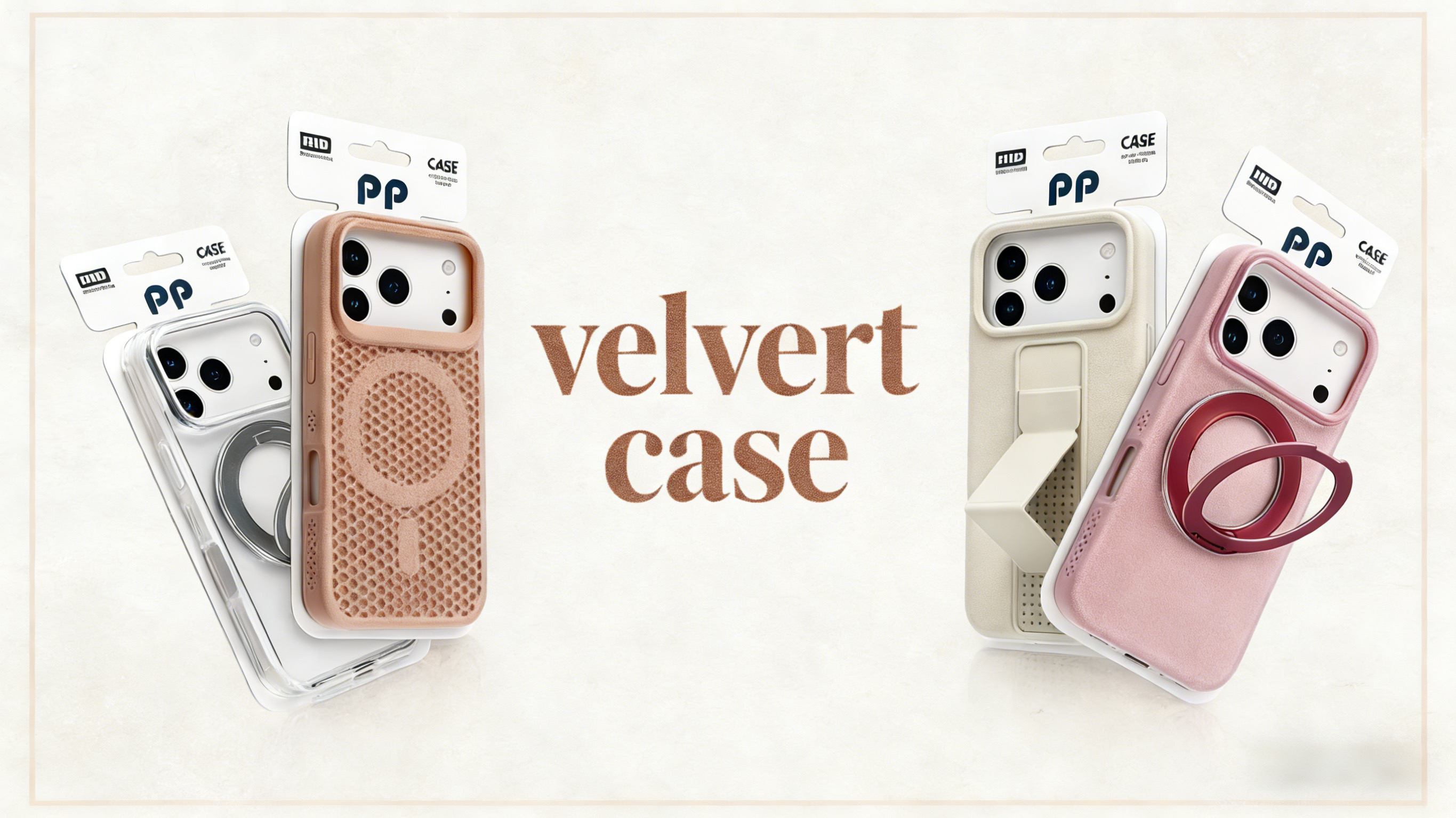 {"default":"Velvertcase iPhone case lineup on a cream background—clear ring-grip case, tan textured case, white kickstand case, and pink ring-stand case."}
