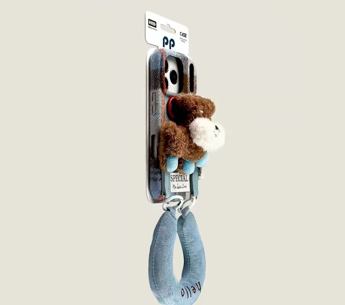 Plaid iPhone case blue with 3D plush bear charm and wrist strap bracelet cute protective cover