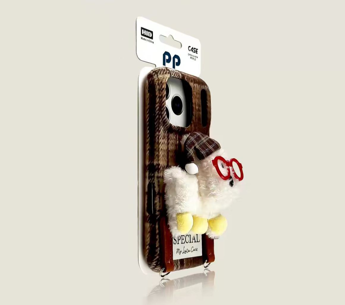 Plaid iPhone case brown with 3D plush bear charm cute protective cover