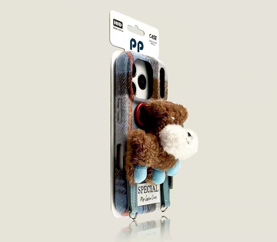 Plaid iPhone case blue with 3D plush bear charm cute protective cover
