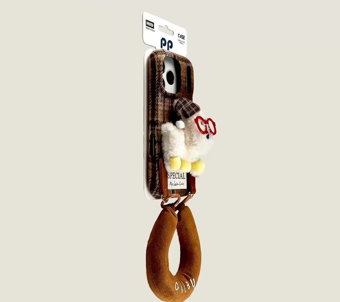 Plaid iPhone case brown with 3D plush bear charm and wrist strap bracelet cute cover