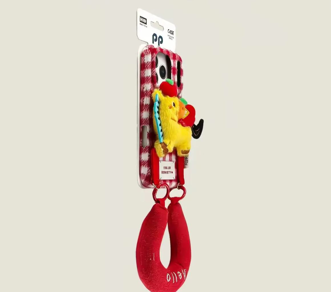 Gingham iPhone case red with 3D plush charm and wrist strap bracelet cute protective cover