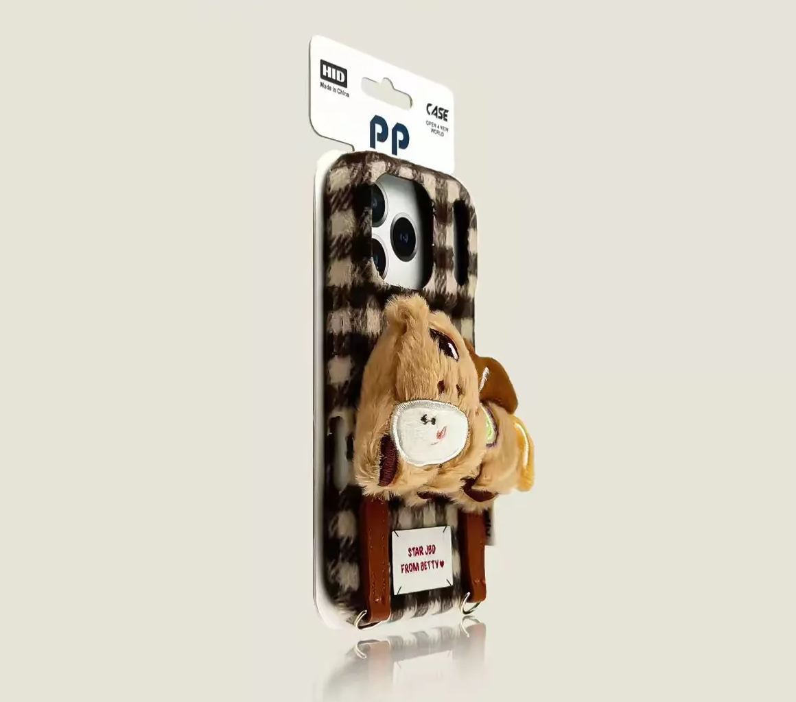 Gingham iPhone case brown with 3D plush bear charm cute protective cover