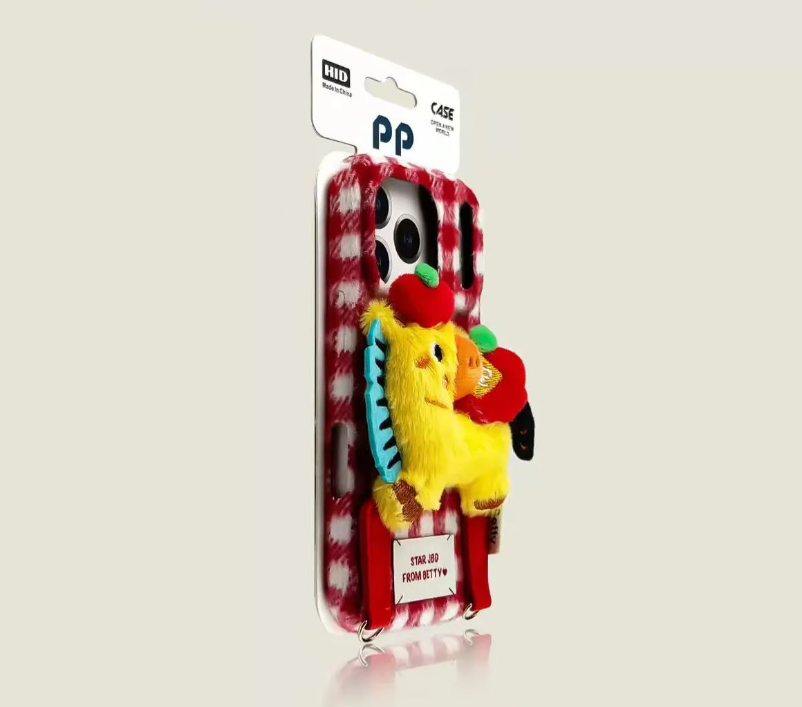 Gingham iPhone case red with 3D plush charm cute protective cover