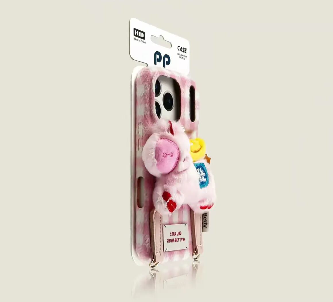 Gingham iPhone case pink with 3D plush bear charm cute protective cover