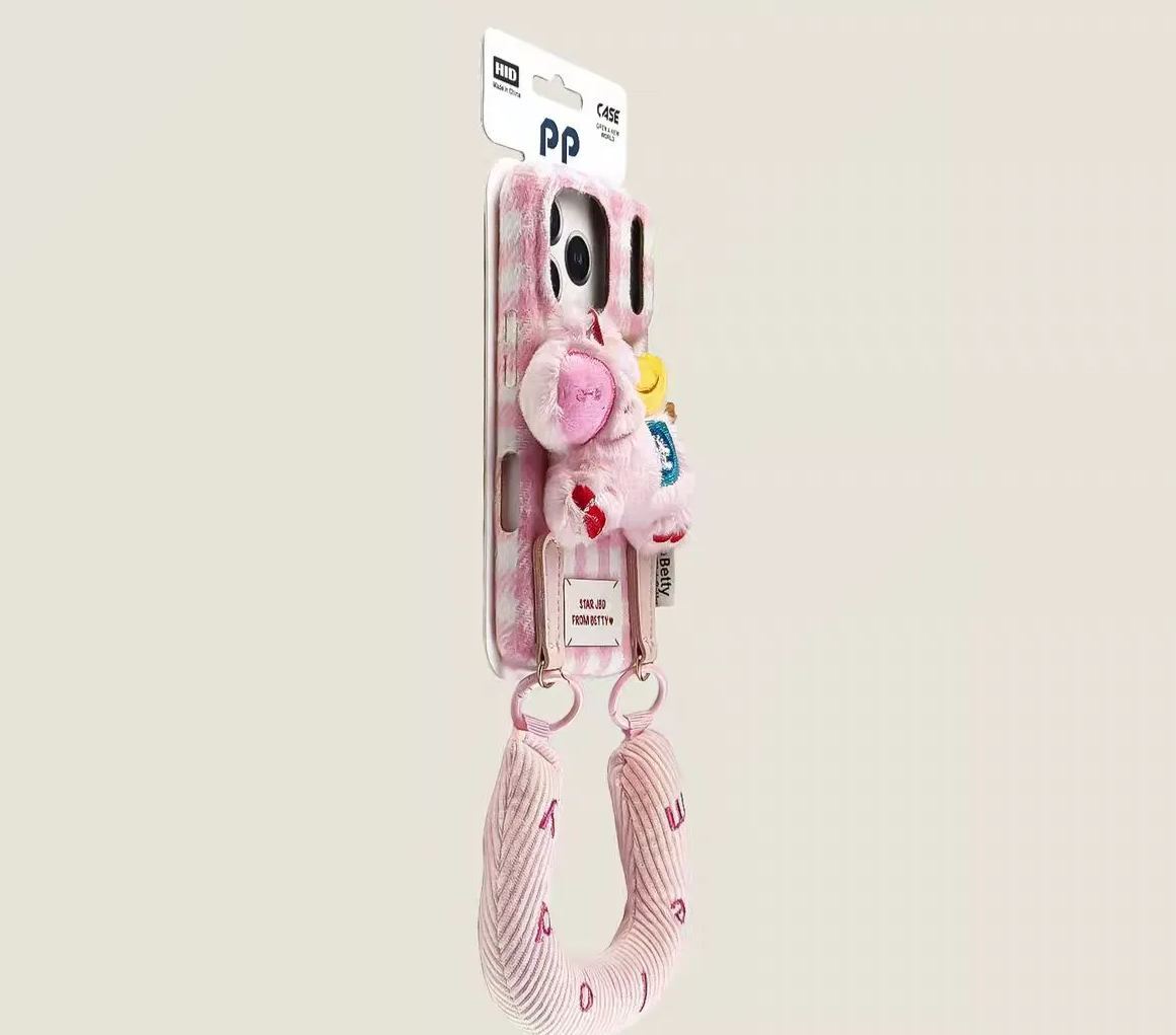 Gingham iPhone case pink with 3D plush charm and wrist strap bracelet cute cover