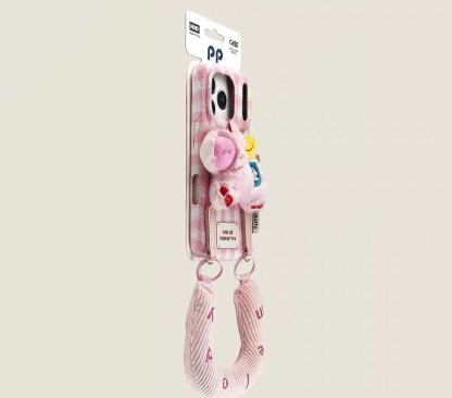 Gingham iPhone case pink with 3D plush charm and wrist strap bracelet cute cover