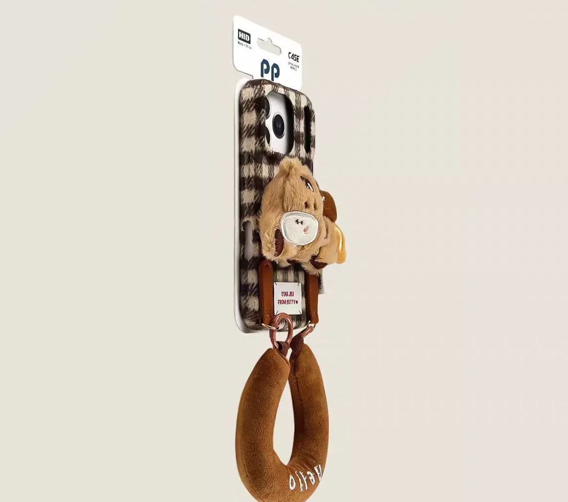 Gingham iPhone case brown with 3D plush bear charm and wrist strap bracelet cute cover