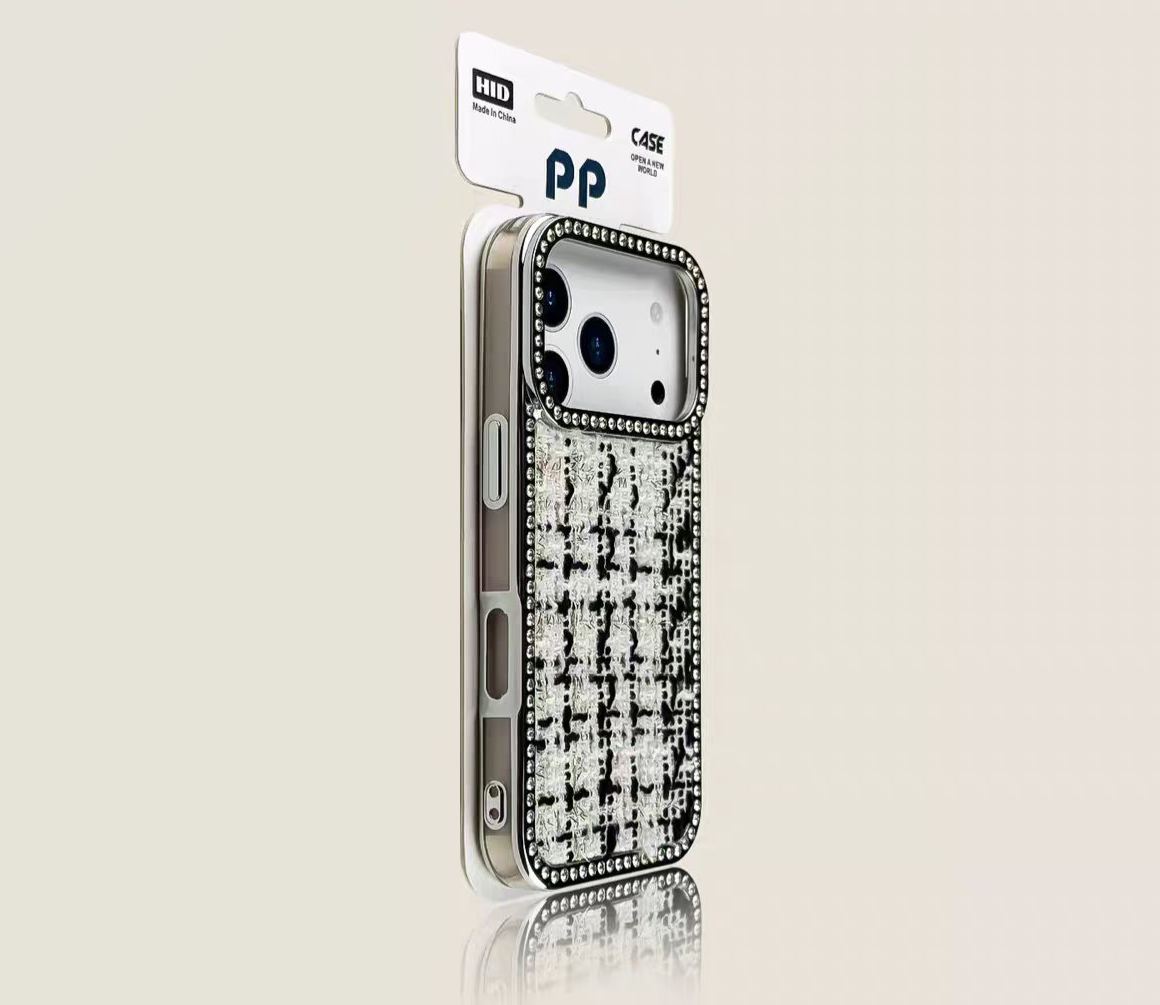 Luxury woven texture iPhone case black and white with metal frame minimalist cover
