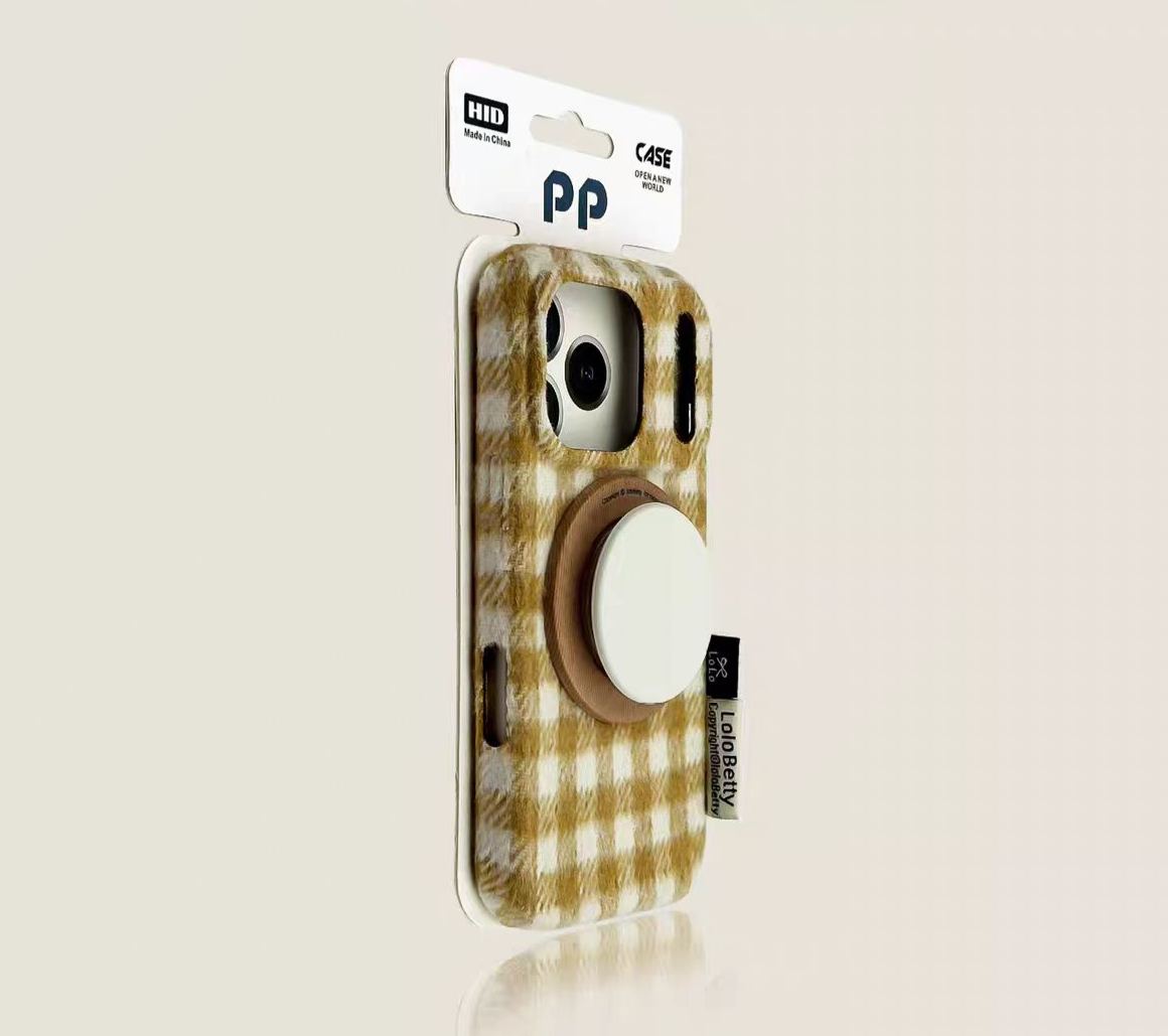 Gingham check iPhone case khaki MagSafe compatible plaid protective cover