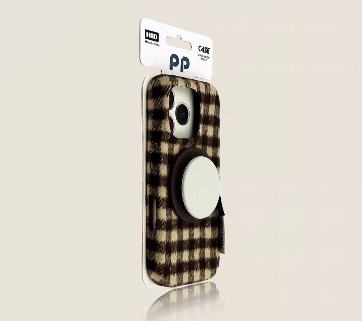 Gingham check iPhone case brown MagSafe compatible plaid protective cover