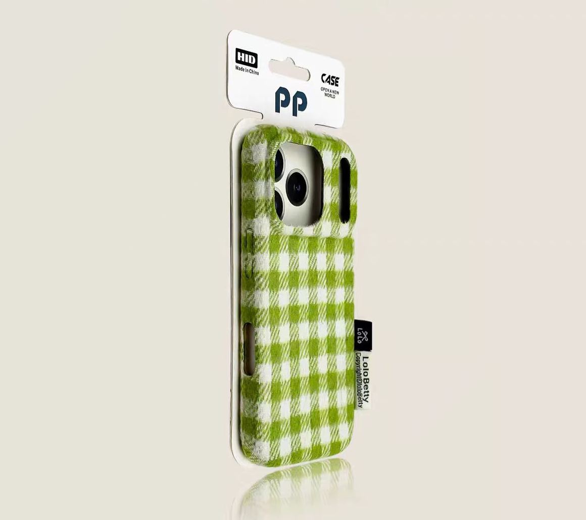 Gingham check iPhone case green MagSafe compatible plaid protective cover