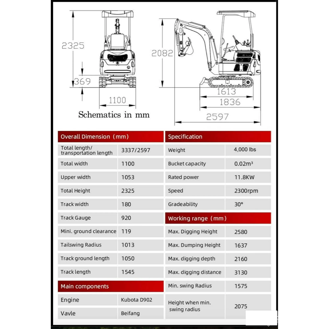 TYPHON TERROR XX Mini Excavator (4,000 lb) — Kubota D902 Diesel, 11.8 kW @ 2300 RPM, 2160 mm Dig Depth, Rubber Track