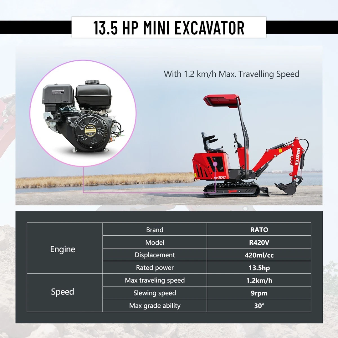 HY10C 1 Ton Mini Excavator — 13.5HP EPA RATO R420V, Ultra‑Compact 29 in Width
