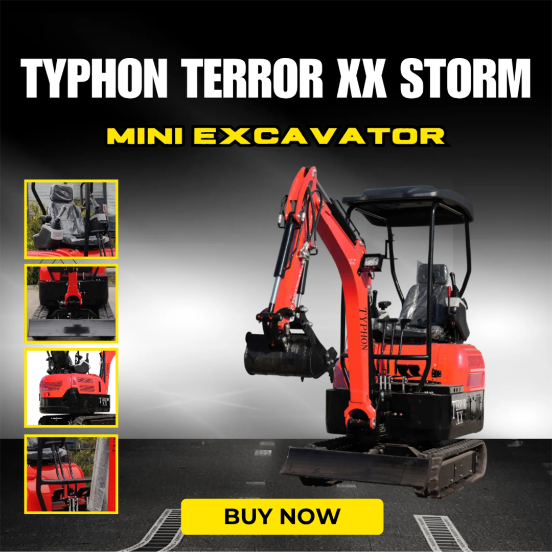 TYPHON TERROR XX Mini Excavator (4,000 lb) — Kubota D902 Diesel, 11.8 kW @ 2300 RPM, 2160 mm Dig Depth, Rubber Track