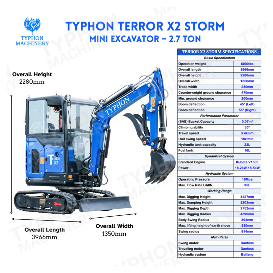 TERROR X2 STORM Mini Excavator (2.7 Ton) — Kubota V1505, 6000 lb, 2752 mm Dig Depth, 18 MPa, 35 L/min