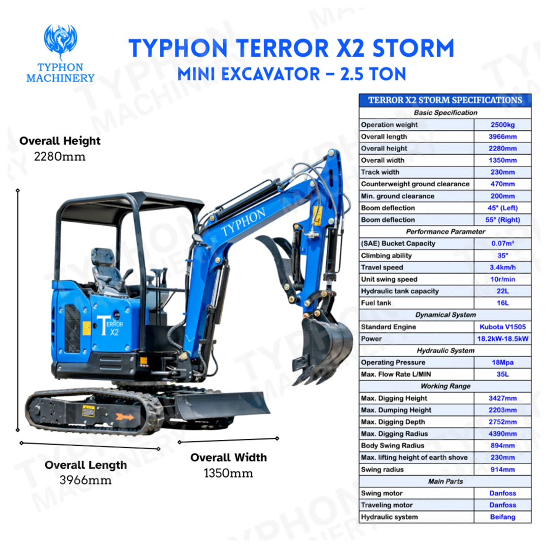 TERROR X2 STORM Mini Excavator (2.5 Ton) — Perkins 403J‑11 EPA Diesel, 2500 kg, 2752 mm Dig Depth, 18 MPa, 35 L/min