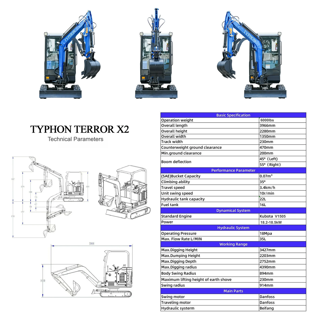 TERROR X2 STORM Mini Excavator (2.7 Ton) — Kubota V1505, 6000 lb, 2752 mm Dig Depth, 18 MPa, 35 L/min