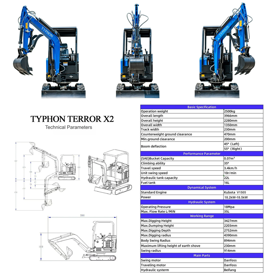 TERROR X2 STORM Mini Excavator (2.5 Ton) — Perkins 403J‑11 EPA Diesel, 2500 kg, 2752 mm Dig Depth, 18 MPa, 35 L/min