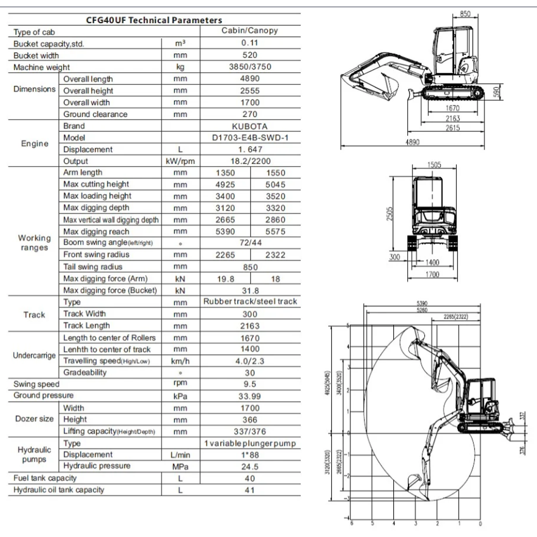 AGT CFG‑40UF Mini Excavator (4 Ton) — Kubota D1703‑E4B Diesel, Enclosed Cab w/ A/C, Side Swing Boom, 3320 mm Dig Depth