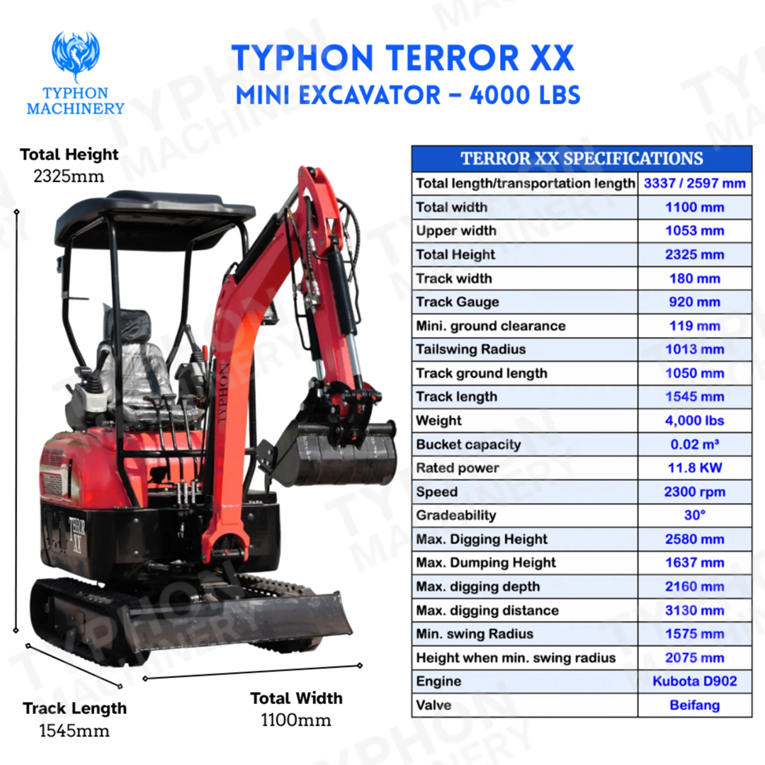TYPHON TERROR XX Mini Excavator (4,000 lb) — Kubota D902 Diesel, 11.8 kW @ 2300 RPM, 2160 mm Dig Depth, Rubber Track