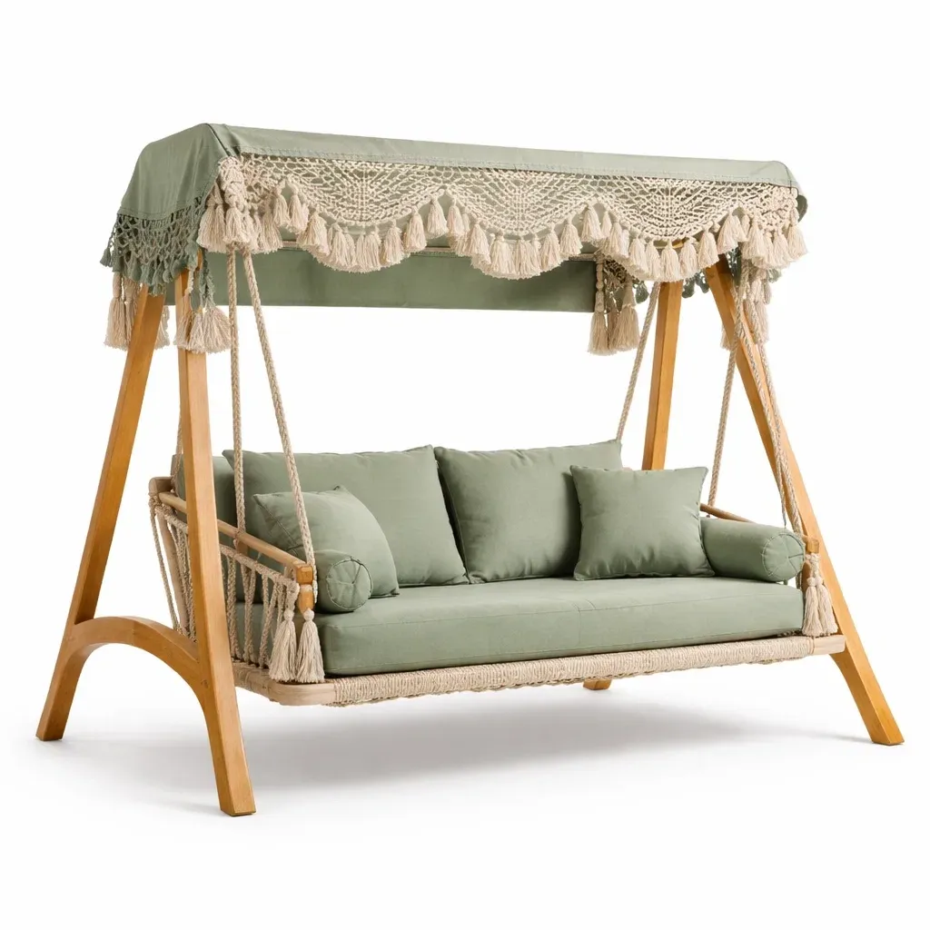 Balancoire exterieure bois trois places avec toit-cresthomey